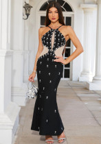 Women Black Dark Pattern Backless Dress Women Black Dark Pattern Backless Dress