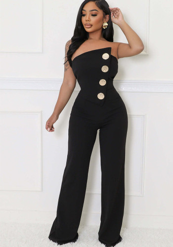 Women Strapless Button Sleeveless Sports Fitness Jumpsuit