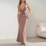 Women Sexy V-Neck Halter Neck Backless Pleated Maxi Fishtail Dress