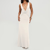 Women Sexy V-Neck Halter Neck Backless Pleated Maxi Fishtail Dress