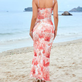 Women Mesh Sexy Print Hollow Backless Maxi Suspender Fishtail Dress