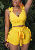 Women Summer Sexy Ruffle Backless Solid Top and Shorts Two-piece Set Women Summer Sexy Ruffle Backless Solid Top and Shorts Two-piece Set