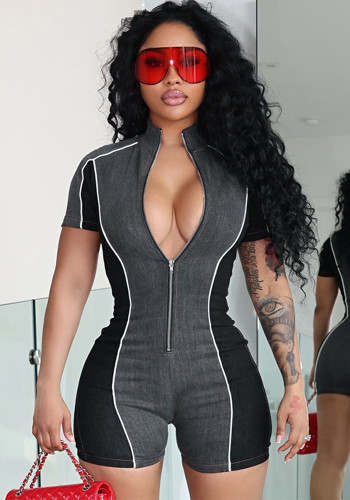 Women Sexy Contrast Color Zipper Stretchy Jumpsuit