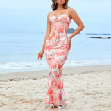 Women Mesh Sexy Print Hollow Backless Maxi Suspender Fishtail Dress