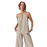 Women Summer Solid Lace-up Casual Top and Pant Two-piece Set