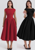 Women Spring Summer Solid Round Neck Backless Dress Women Spring Summer Solid Round Neck Backless Dress