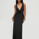 Women Sexy V-Neck Halter Neck Backless Pleated Maxi Fishtail Dress