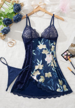 Women lace Printed Nightdress T-back Two-piece Sexy Lingerie Set