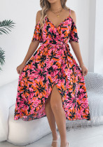 Women spring and summer off-shoulder cross v-neck flower suspender Holidays dress Women spring and summer off-shoulder cross v-neck flower suspender Holidays dress