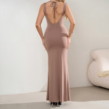Women Sexy V-Neck Halter Neck Backless Pleated Maxi Fishtail Dress
