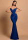 Women Sapphire Blue Beaded Embroidery Strapless Party Evening Dress