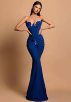Women Sapphire Blue Beaded Embroidery Strapless Party Evening Dress Women Sapphire Blue Beaded Embroidery Strapless Party Evening Dress