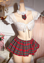 Women lace Bra Plaid Skirt T-back Bowtie Sexy Lingerie Set