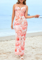 Women Mesh Sexy Print Hollow Backless Maxi Suspender Fishtail Dress