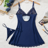 Women lace Printed Nightdress T-back Two-piece Sexy Lingerie Set