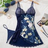 Women lace Printed Nightdress T-back Two-piece Sexy Lingerie Set