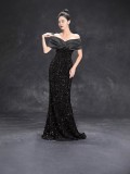 Women Off Shoulder Fishtail Sexy Sequin Party Evening Dress