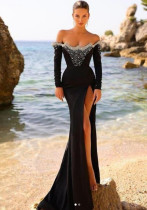 Women Black Luxury Velvet Formal Party Long Sleeve Bead Chain Slit Evening Dress Women Black Luxury Velvet Formal Party Long Sleeve Bead Chain Slit Evening Dress