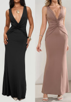 Women Sexy V-Neck Halter Neck Backless Pleated Maxi Fishtail Dress