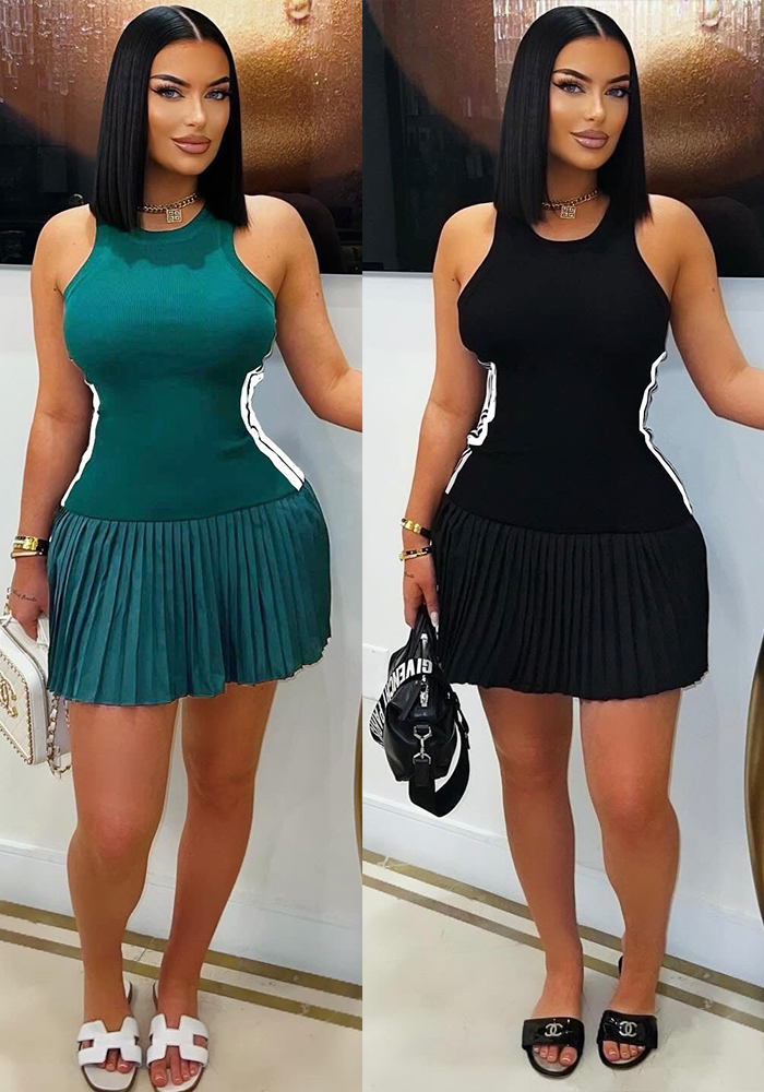 Ribbed Sleeveless Pleated Dress for Summer Casual Wear