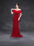 Women Off Shoulder Fishtail Sexy Sequin Party Evening Dress