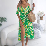 Women spring and summer off-shoulder cross v-neck flower suspender Holidays dress