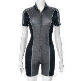 Women Sexy Contrast Color Zipper Stretchy Jumpsuit