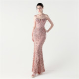 Women Fishbone Beaded Beaded Applique Dinner Evening Dress