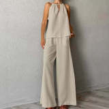 Women Summer Solid Lace-up Casual Top and Pant Two-piece Set