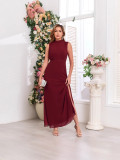 Women spring Summer Stand Collar Sleeveless elegant chiffon zipper slit evening dress