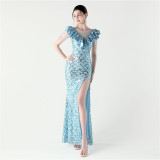 Women Floral Mesh See-Through Slit Mermaid Evening Dress