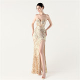 Women Beaded Sequined Wrap Dinner Party Evening Dress