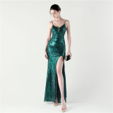 Women Fishbone Lace-Up Cross Back Slit Sequin Evening Dress