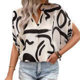 Women Summer Bat Sleeves Geometric Print Shirt Top