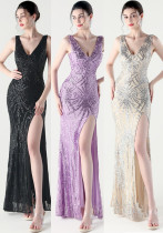 Women Fishbone Lace-Up Dinner Fishtail Backless Evening Dress