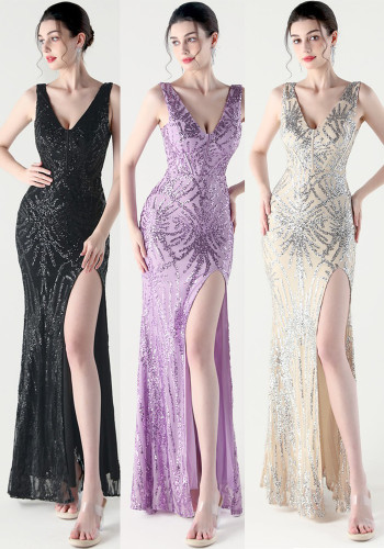 Women Fishbone Lace-Up Dinner Fishtail Backless Evening Dress