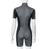 Women Sexy Contrast Color Zipper Stretchy Jumpsuit