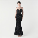 Women Fishbone Beaded Beaded Applique Dinner Evening Dress