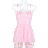 Women Lace-Up Cross Bow Mesh Ruffle Nightdress sexy lingerie Four-piece Set