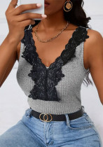 Women lace patchwork v-neck ribbed tank top Women lace patchwork v-neck ribbed tank top