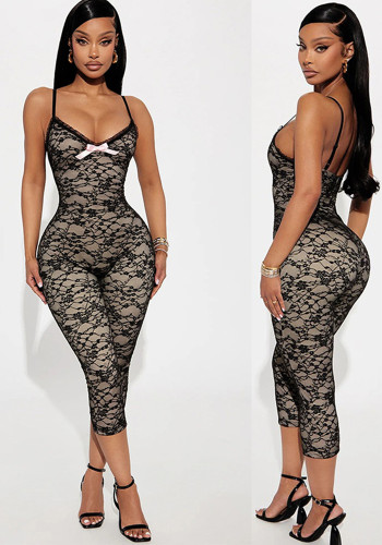 Women Spring/Summer Lace Suspender Bowknot V-Neck Sleeveless Jumpsuit