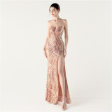 Women Beaded Sequined Wrap Dinner Party Evening Dress