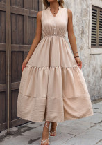 Women V-Neck Summer Sleeveless Patchwork Stand Collar Dress Women V-Neck Summer Sleeveless Patchwork Stand Collar Dress