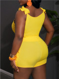 Women Summer Sexy Ruffle Backless Solid Top and Shorts Two-piece Set