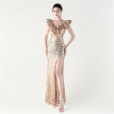 Women Floral Mesh See-Through Slit Mermaid Evening Dress