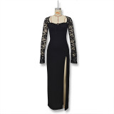 Women Autumn Sexy Slit Lace Patchwork Dress