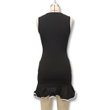 Women Summer Solid Round Neck Sleeveless Ruffle Curled Dress