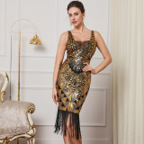 Women Sexy V Neck Sequin Beaded Retro Party Tassel Dress