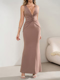 Women Sexy V-Neck Halter Neck Backless Pleated Maxi Fishtail Dress