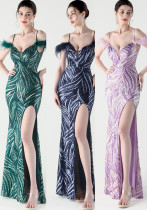 Women Stitched Cross Lace-Up Shiny Slit Evening Dress